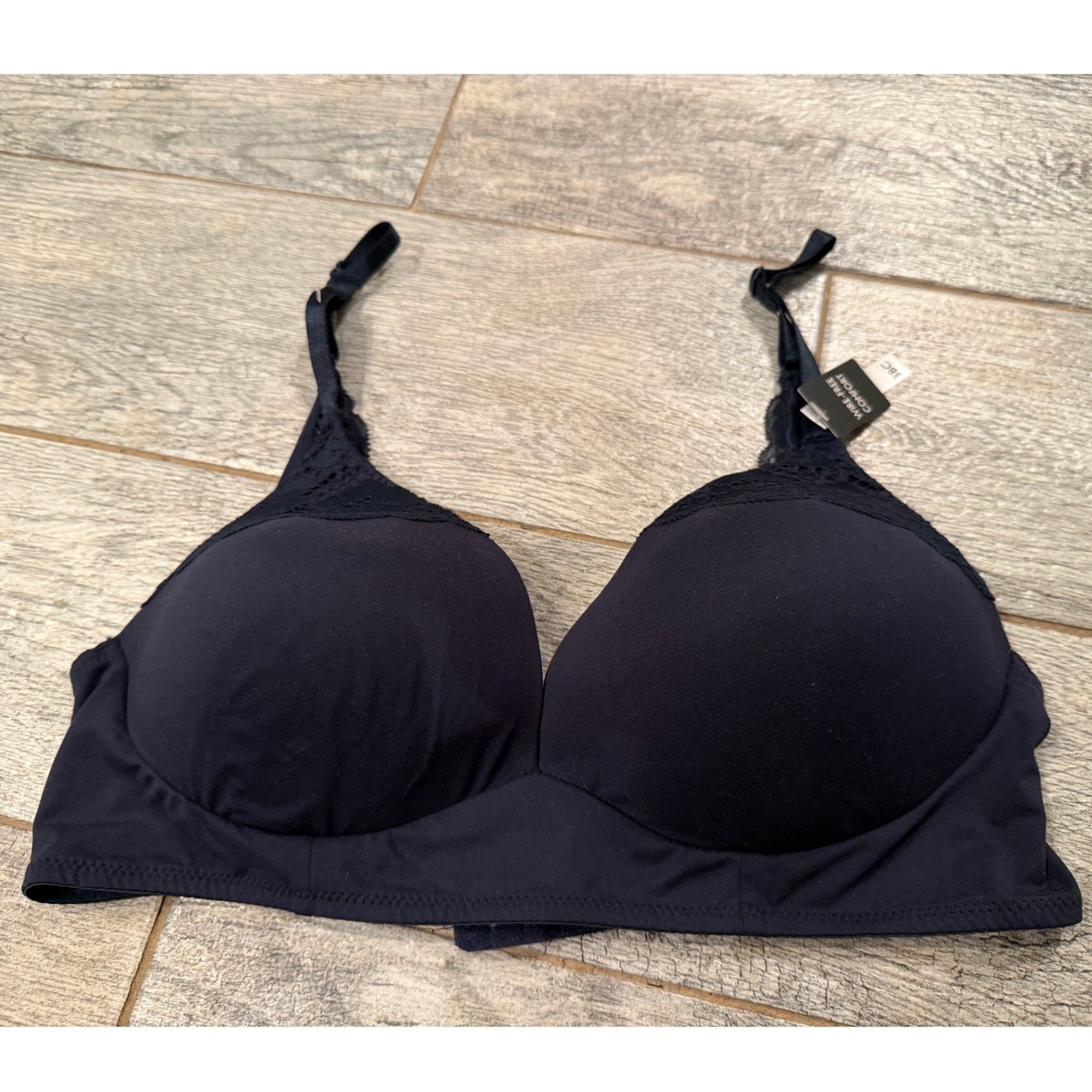 Laura Ashley Bra 38c Navy Blue Wire Free Comfort Lace Trim 38 C Nwt Wireless